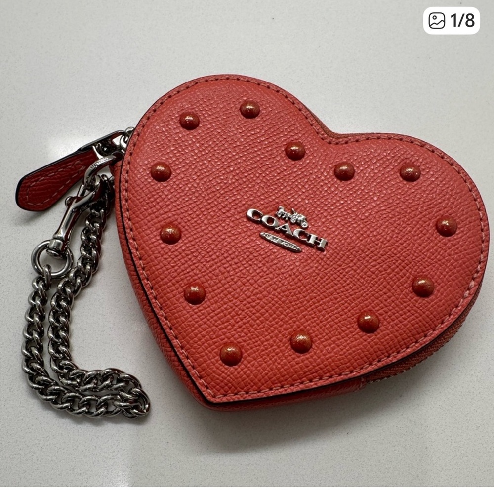 Coach Heart Coin Pouch / Bag Charm / Wristlet – Coral Pebbled Leather
